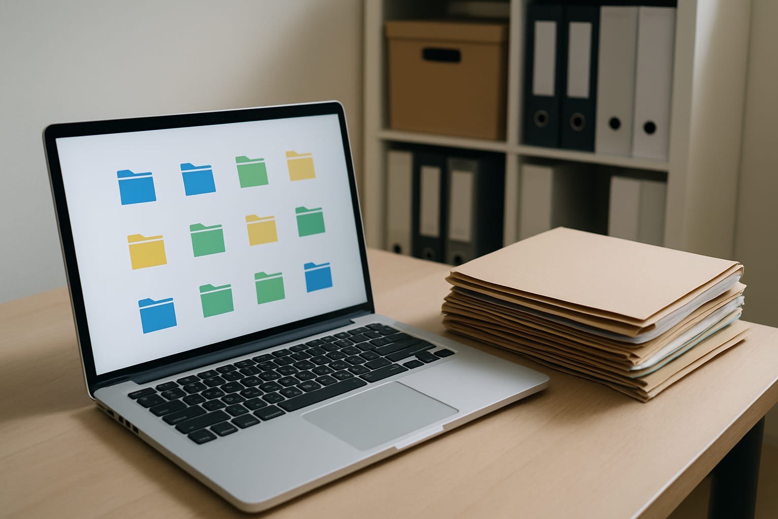 Laptop z ikonami folderów i sterta dokumentów na biurku. W tle regał z segregatorami i pudełkiem.