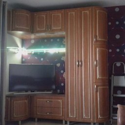 DENYS ZHABITENKO - Funkcjonalna szafa wnękowa z segmentem RTV w kolorze brązu, z dekoracyjnymi frezami, oświetleniem LED i telewizorem na tle ściany w fioletowe wzory.