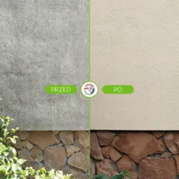 Elewacja budynku: porównanie stanu przed i po czyszczeniu, z widoczną różnicą w kolorze i czystości powierzchni, kamienna podmurówka, zieleń w dolnej części kadru.