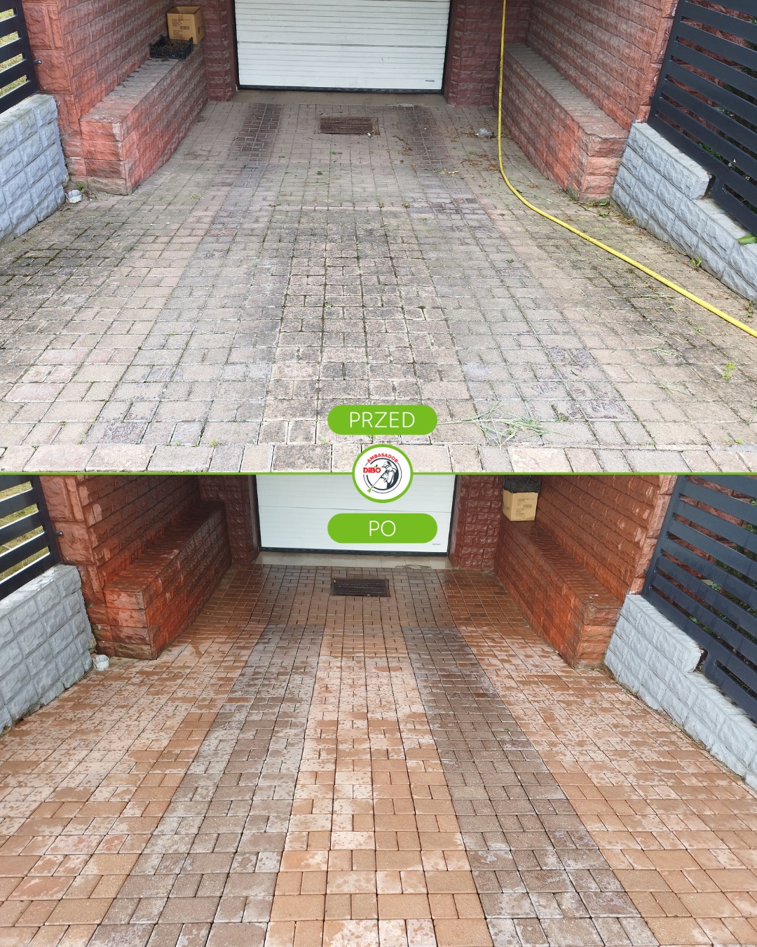 Kostka brukowa przed i po czyszczeniu wysokociśnieniowym, widoczne różnice w kolorze i usunięte zabrudzenia. Zdjęcie z perspektywy góry.