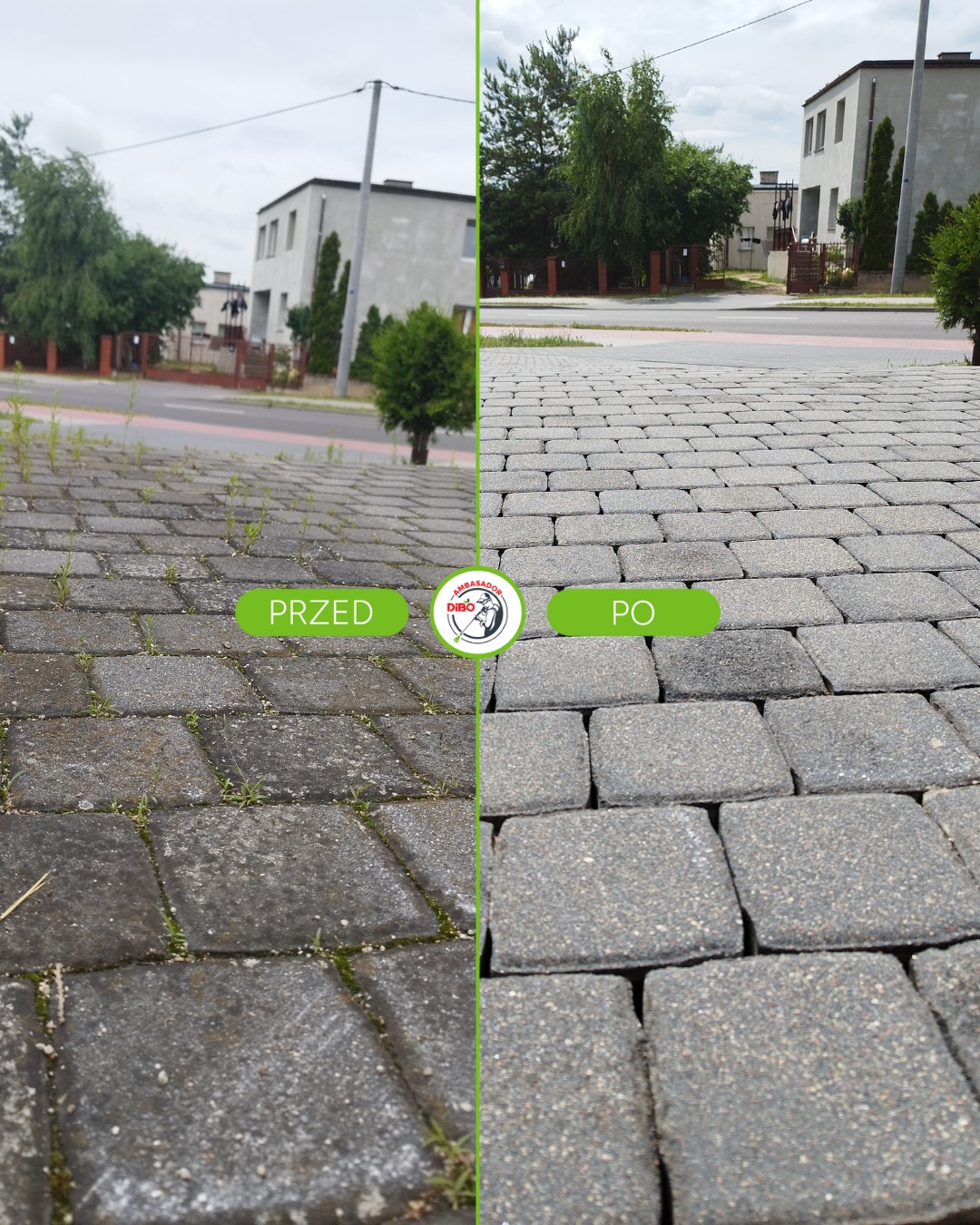 Efekt przed i po: szara kostka brukowa, po lewej brudna z chwastami, po prawej czysta, z budynkami w tle. Prezentacja efektu czyszczenia.