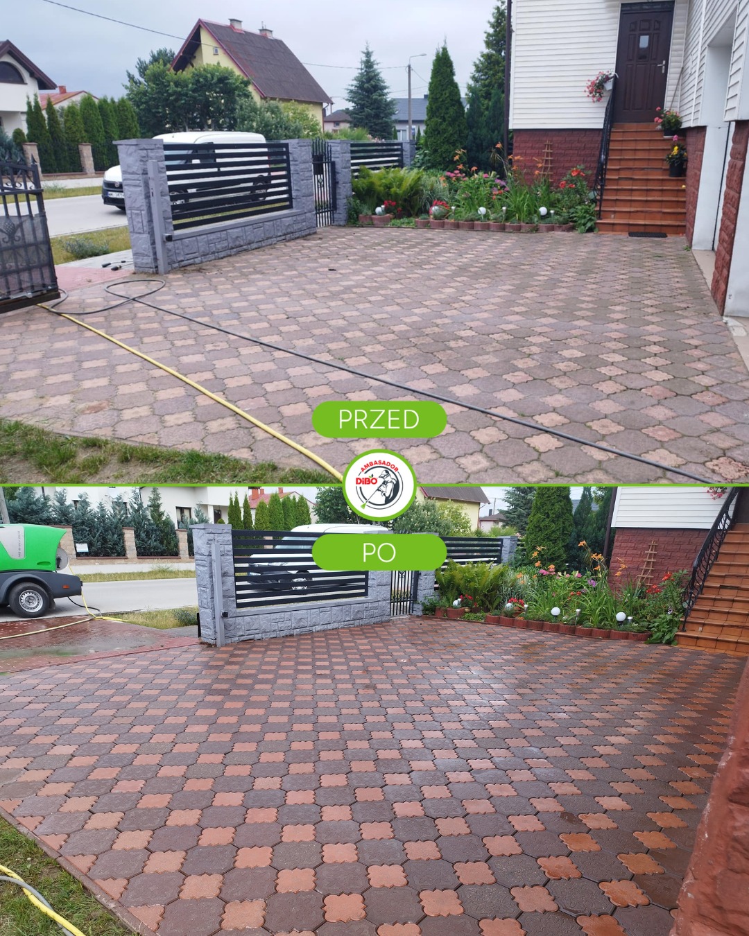 Efekt 'przed i po' czyszczenia kostki brukowej: po lewej zaniedbana, po prawej odświeżona, z wyraźnym kontrastem kolorów i usuniętymi zabrudzeniami. Widoczny wąż ciśnieniowy.