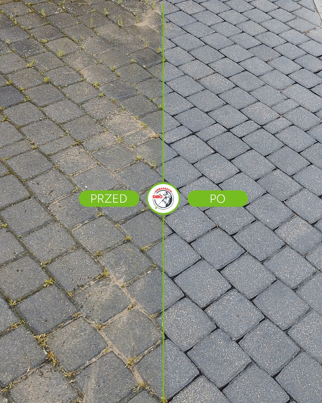 Kostka brukowa przed i po zabiegu czyszczenia, widoczne różnice w wyglądzie, usunięte zabrudzenia i mech, szara kostka. Zdjęcie prezentuje efekt wykonanej usługi.