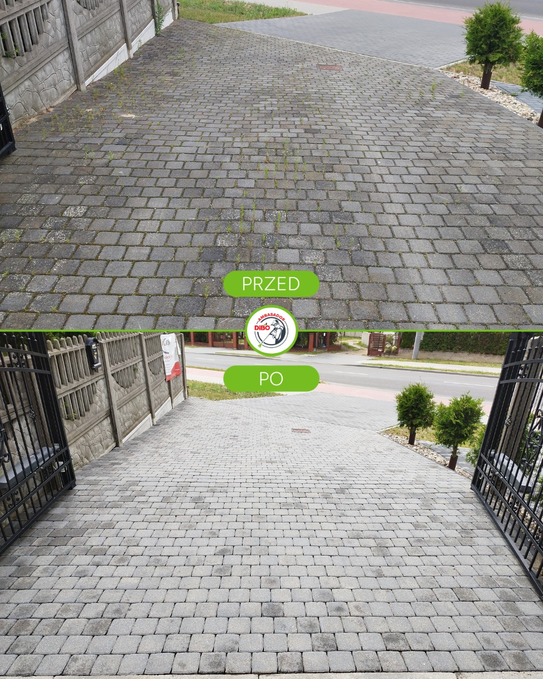 Porównanie 'przed i po': Zarośnięta kostka brukowa kontra świeżo umyta nawierzchnia, widok z góry na posesję z otwartą bramą i zielenią w tle.