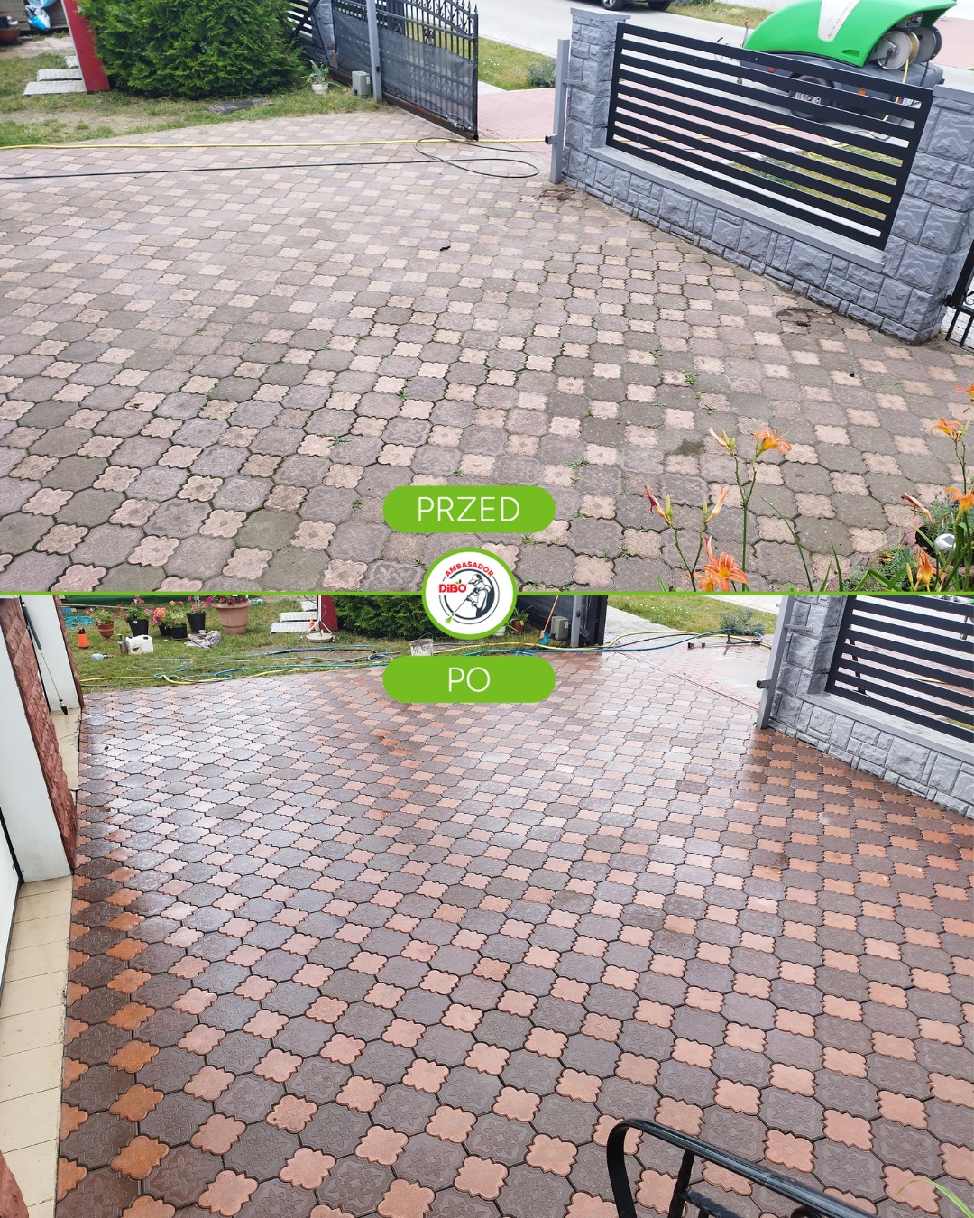 Efekt przed i po: wyczyszczona kostka brukowa na posesji. Górna część zdjęcia pokazuje zabrudzoną kostkę, dolna - czystą, mokrą po umyciu. Widoczne ogrodzenie i rośliny.