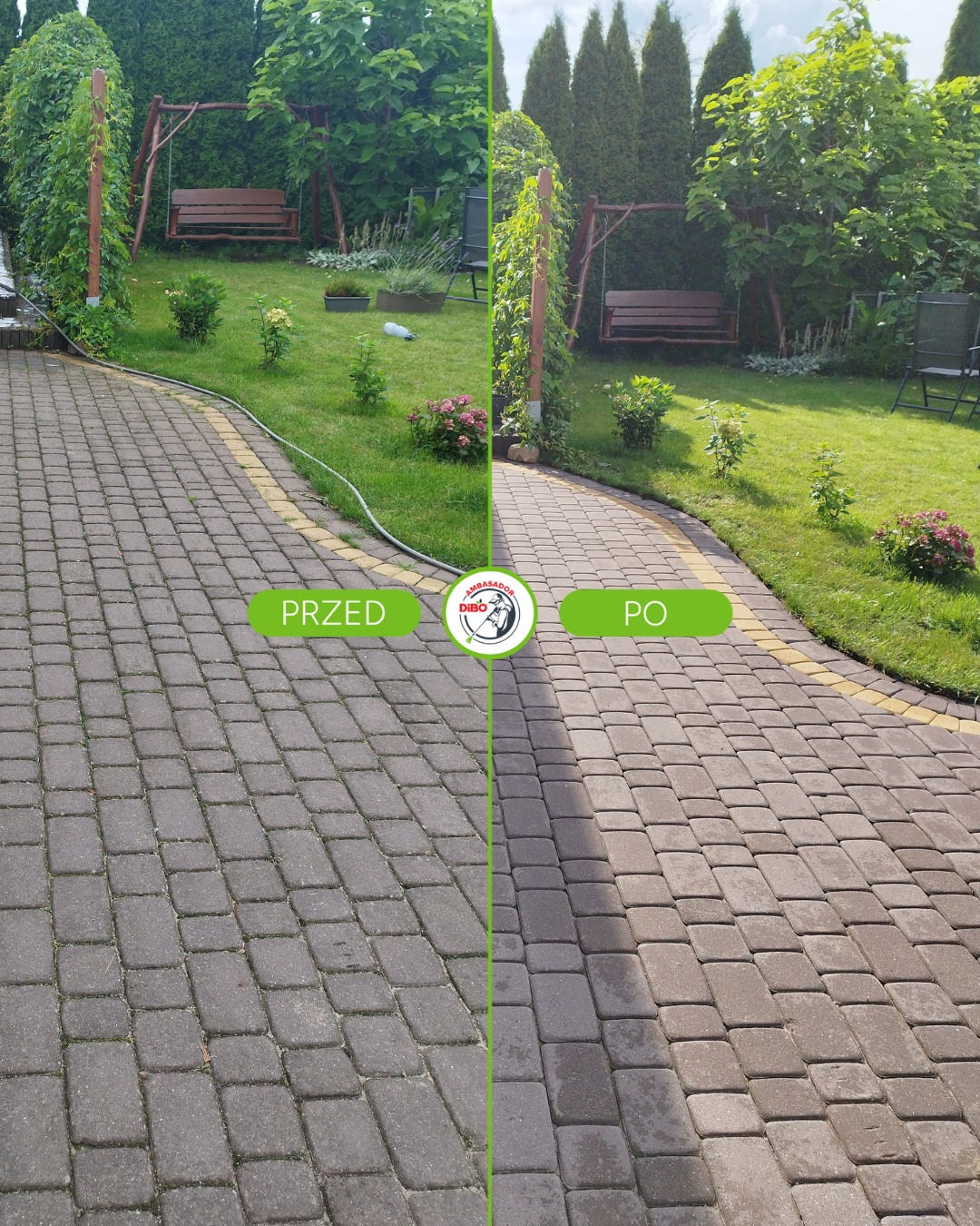 Kostka brukowa przed i po czyszczeniu. Lewa strona pokryta mchem i brudem, prawa czysta i odświeżona. Widoczny ogród z huśtawką w tle.