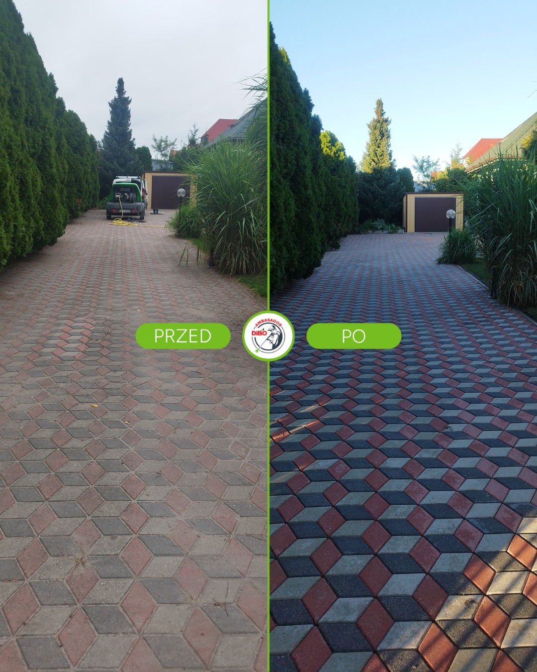 Efekt 'przed i po' mycia kostki brukowej na podjeździe. Po lewej stronie widoczna zabrudzona kostka, po prawej czysta, z odzyskanym kolorem i wzorem 3D.