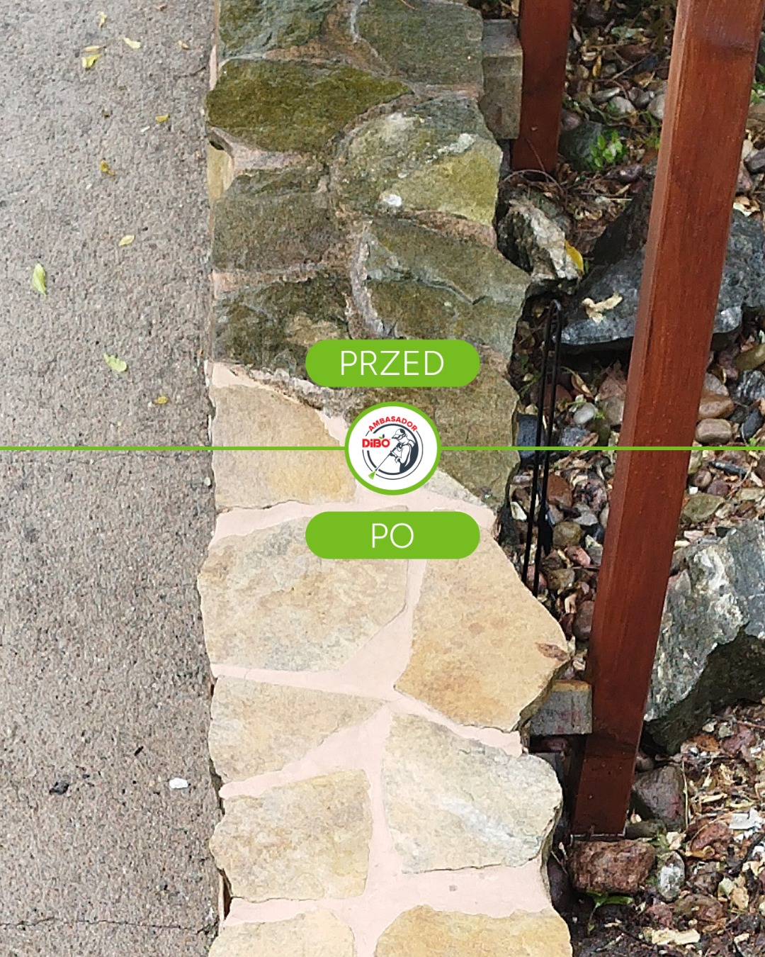 Efekt czyszczenia kamiennej ściany: porównanie stanu przed i po zabiegu. Widoczne usunięcie zabrudzeń i odświeżenie koloru kamienia.