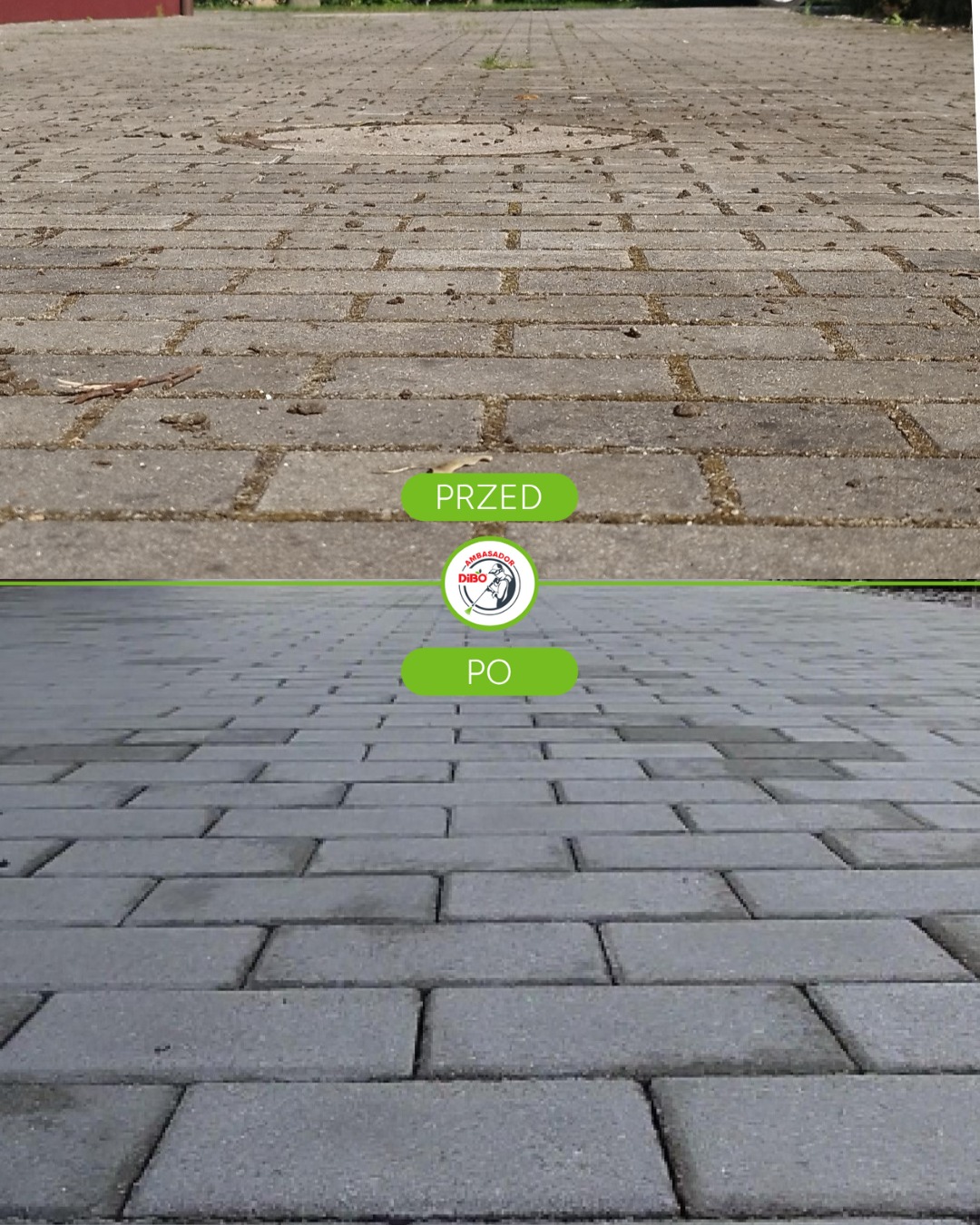 Porównanie kostki brukowej PRZED i PO zabiegu czyszczenia, ukazujące usunięcie zabrudzeń i mchu. Efekt 'po' prezentuje świeżą, szarą powierzchnię.