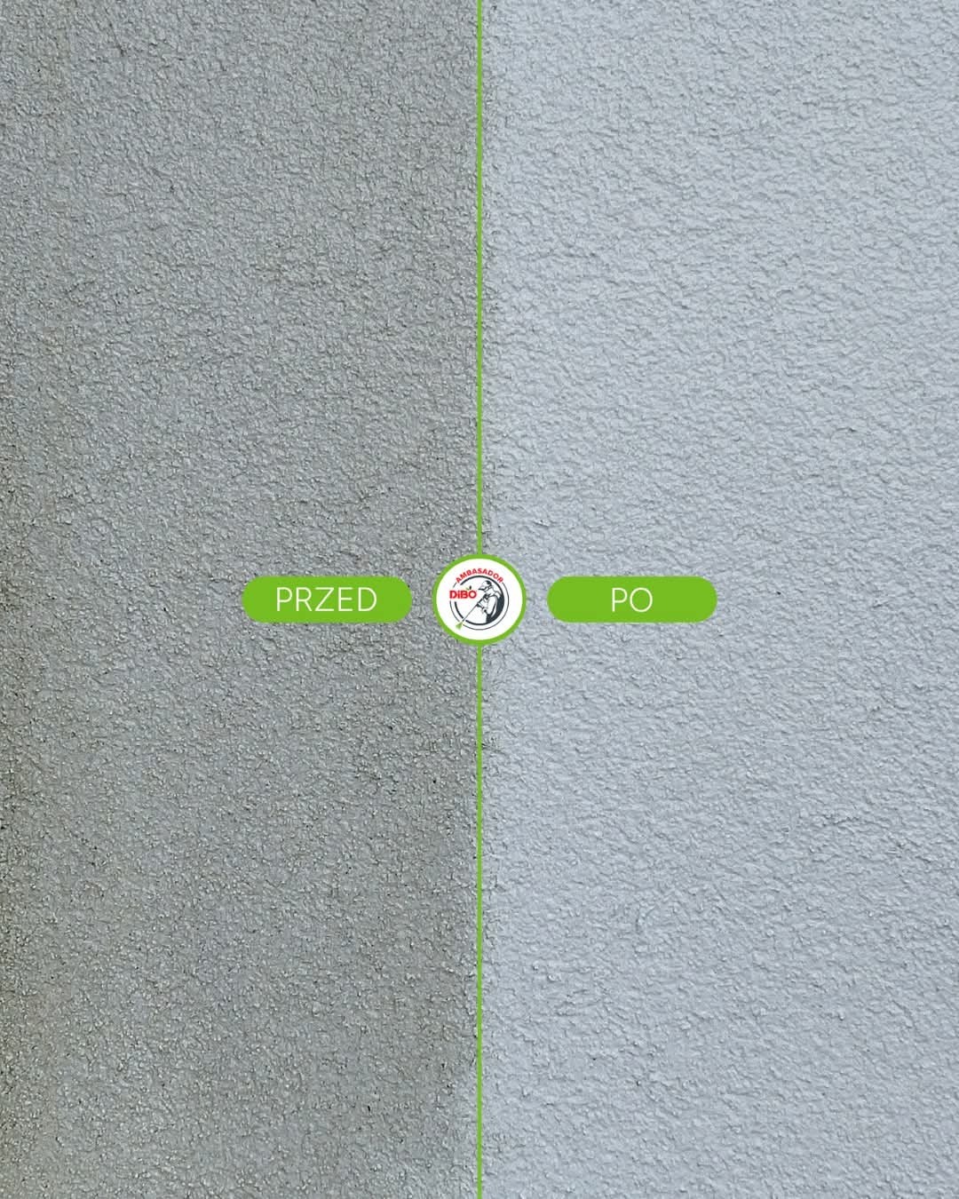 Elewacja budynku: porównanie stanu przed i po czyszczeniu. Lewa strona szara, zabrudzona, prawa strona jaśniejsza, czysta. Widoczny podział pionowy i napisy 'PRZED' i 'PO'.