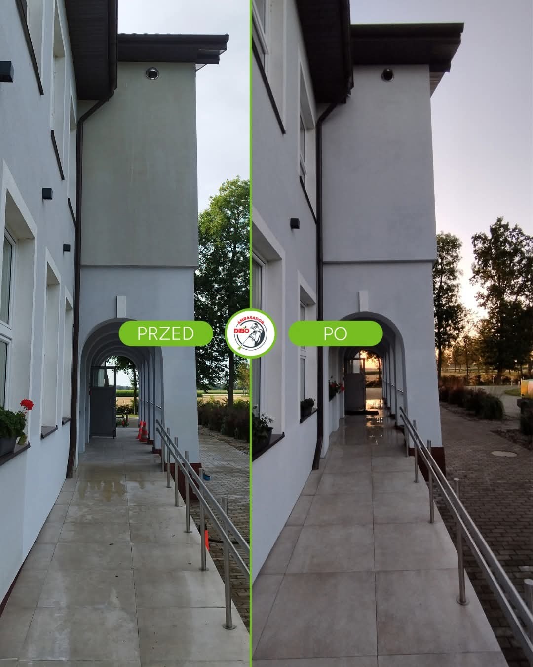 Budynek przed i po myciu elewacji. Lewa strona szara, zabrudzona, prawa strona biała, czysta. Widoczny chodnik i fragment ogrodu. Ujęcie z dołu, perspektywa.