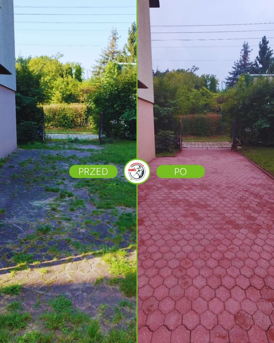 Kostka brukowa przed i po czyszczeniu: zaniedbana, porośnięta trawą kontra czysta, czerwona nawierzchnia. Widoczne różnice w kolorze i estetyce.