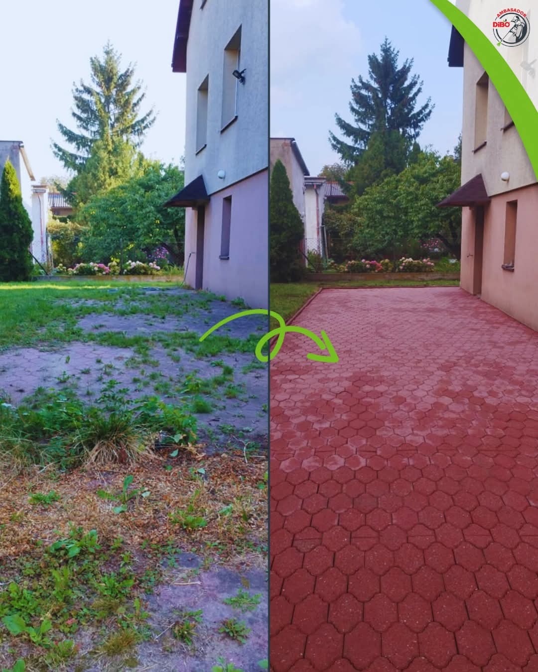Kostka brukowa przed i po czyszczeniu, zarośnięta chwastami po lewej, czerwona i czysta po prawej, strzałka wskazuje efekt. Budynek w tle.