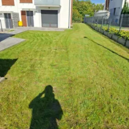Świeżo skoszony trawnik przed szeregową zabudową, z widocznym cieniem osoby fotografującej. W tle zaparkowany jacht za ogrodzeniem.