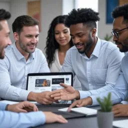 Zespół w biurze omawia projekt strony internetowej na laptopie, gestykulując nad ekranem. Widoczne notatniki i roślina doniczkowa.