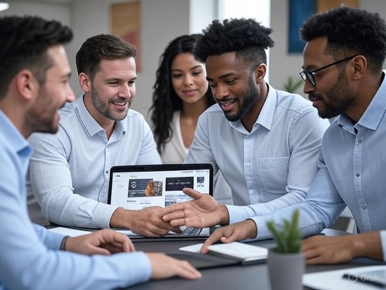 Zespół w biurze omawia projekt strony internetowej na laptopie, gestykulując nad ekranem. Widoczne notatniki i roślina doniczkowa.