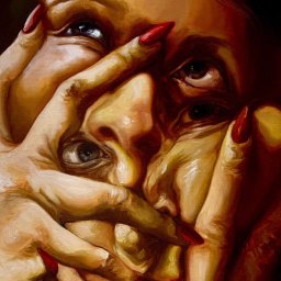 „Za dużo mnie w jednej głowie”, olej na płótnie, 50 x 70 cm, 2025, Weronika Tlałka (obraz będący częścią dyplomu magisterskiego) 