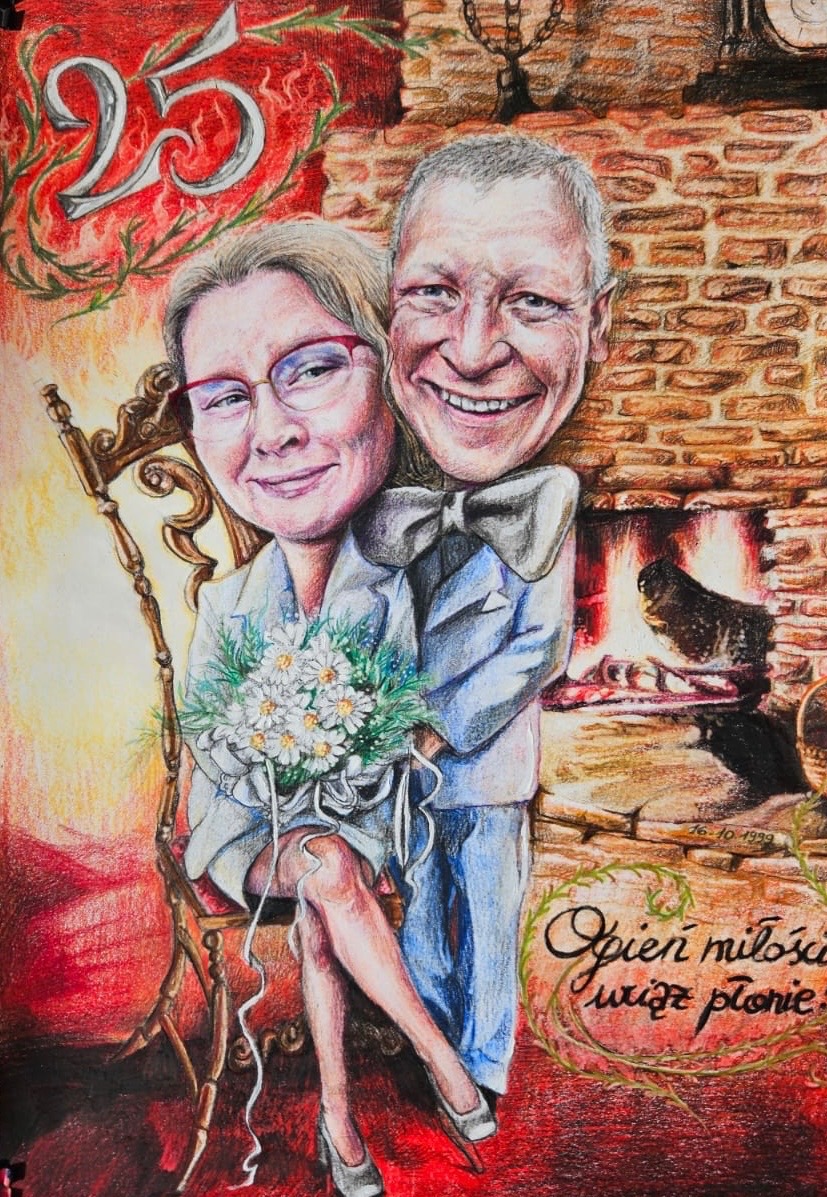 Karykatura wykonana na zamówienie, 2024, A3, kredki, Weronika Tlałka