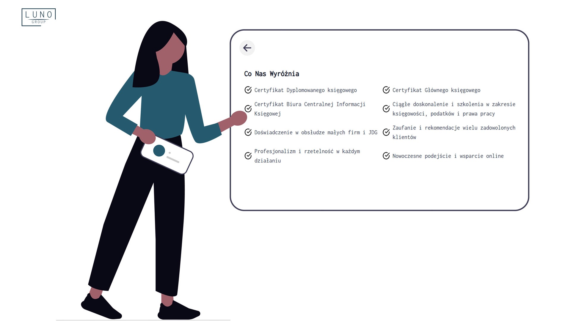 Kobieta z tabletem prezentuje ofertę biura rachunkowego: certyfikaty, doświadczenie w obsłudze małych firm i nowoczesne podejście z wsparciem online.