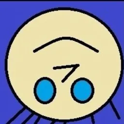 Abstrakcyjna grafika: żółta okrągła postać z niebieskimi oczami na fioletowym tle, przypominająca odwróconą twarz z elementami pajęczyny.