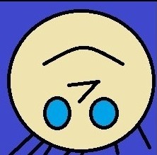 Abstrakcyjna grafika: żółta okrągła postać z niebieskimi oczami na fioletowym tle, przypominająca odwróconą twarz z elementami pajęczyny.