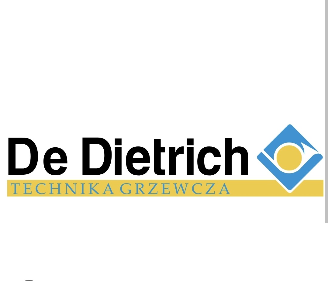 Logo De Dietrich Technika Grzewcza: czarny napis, złoty pasek z niebieskim tekstem, niebieski romb z żółtym okręgiem. Minimalistyczny design na białym tle.