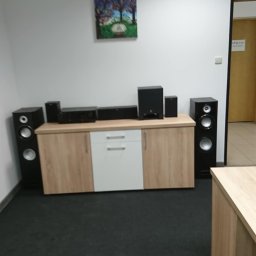 DB GROUP DAWID BOSIAK - Jasne biuro z drewnianą szafką i sprzętem audio. Na ścianie obraz z drzewem. Ciemna wykładzina podłogowa. Widoczne drzwi do innego pomieszczenia.