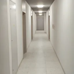 Długi, jasny korytarz z terakotą w budynku mieszkalnym. Widoczne drzwi po bokach i oświetlenie sufitowe. Minimalistyczny design i neutralna kolorystyka.