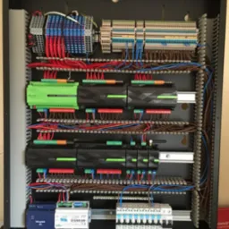 Rozdzielnica elektryczna w czarnej obudowie z licznymi przewodami, modułami i zabezpieczeniami. Widoczne elementy sterujące i złącza. Estetyczne ułożenie kabli.