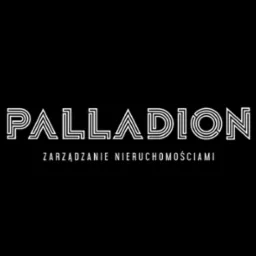 Eleganckie, białe logo 'Palladion' z napisem 'Zarządzanie Nieruchomościami' na czarnym tle. Minimalistyczny design.