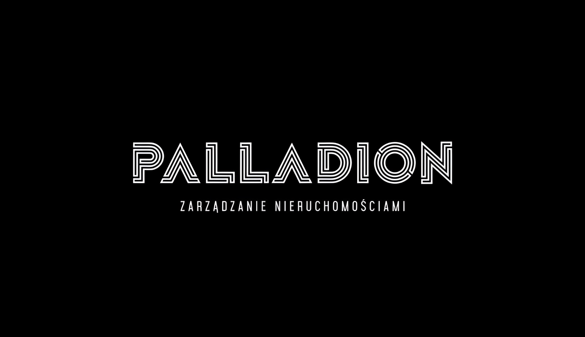 Eleganckie, białe logo 'Palladion' z napisem 'Zarządzanie Nieruchomościami' na czarnym tle. Minimalistyczny design.
