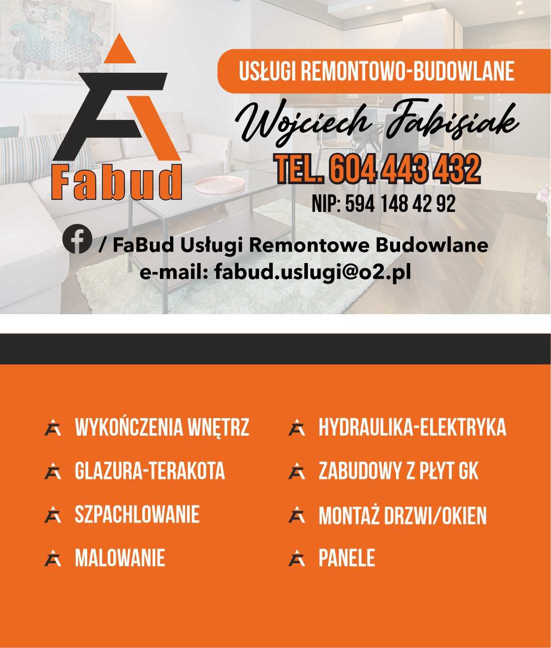 Wizytówka firmy Fabud: usługi remontowo-budowlane, wykończenia wnętrz, glazura-terakota, szpachlowanie, malowanie, hydraulika-elektryka, zabudowy z płyt GK, montaż okien.