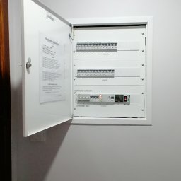Mateusz Żakowski - Otwarta, biała skrzynka rozdzielcza na ścianie, widoczne zabezpieczenia i schemat. Instalacja elektryczna wewnątrz budynku.