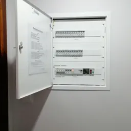 Otwarta, biała skrzynka rozdzielcza na ścianie, widoczne zabezpieczenia i schemat. Instalacja elektryczna wewnątrz budynku.