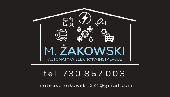 Grafika z nazwą firmy M. Żakowski z Młynki, oferującej automatykę, elektrykę i instalacje. Widoczne ikony: fotowoltaiki, klimatyzacji, monitoringu i instalacji.