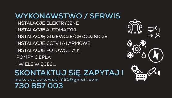 Grafika reklamowa usług: instalacje elektryczne, automatyki, grzewcze/chłodnicze, CCTV i alarmowe, fotowoltaiki, pompy ciepła. Kontakt: mateusz.zakowski.321@gmail.com, 730 857 003.
