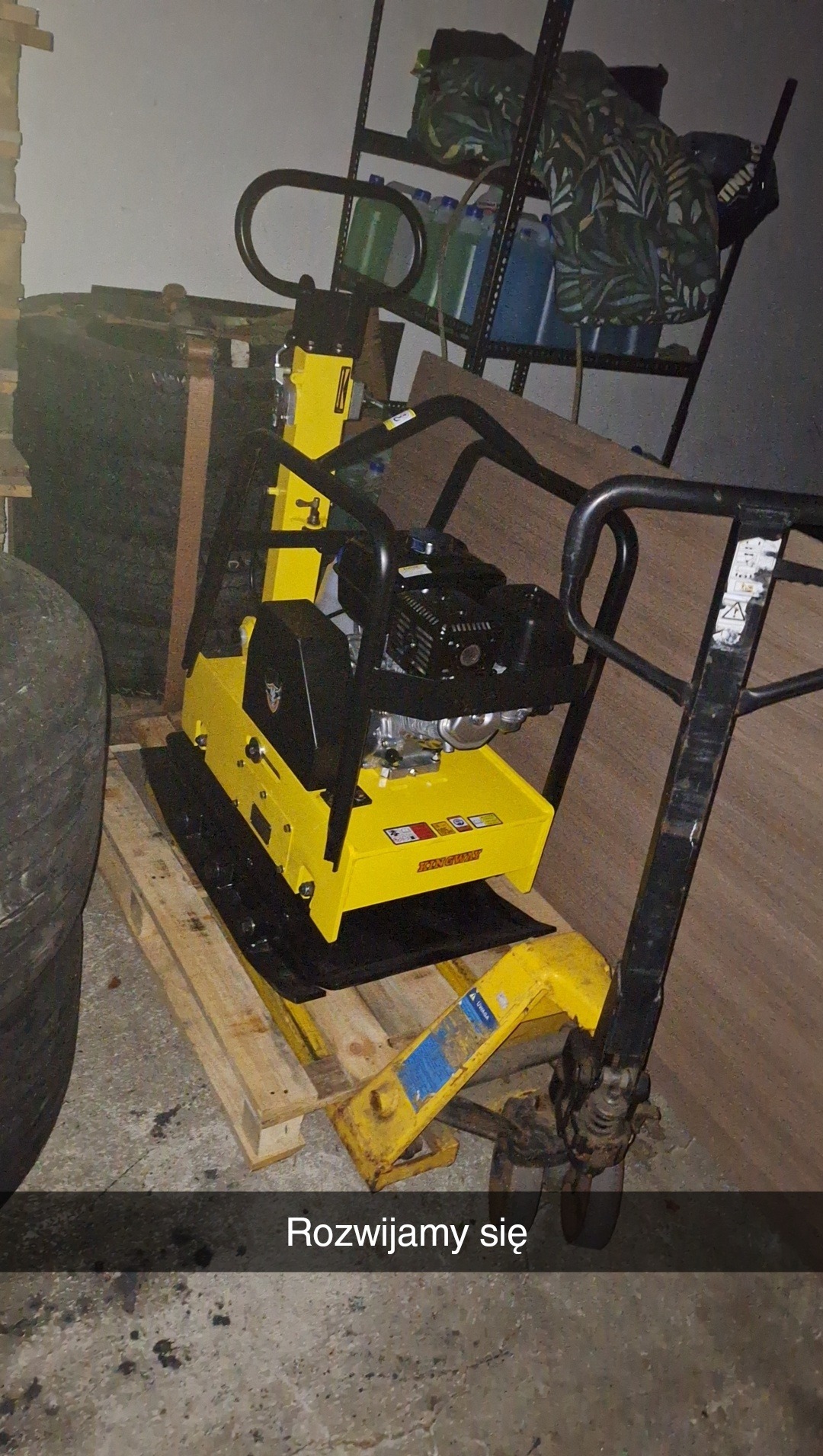 Żółta zagęszczarka spalinowa na palecie, obok wózek paletowy i opona. Widoczne pojemniki na półce w tle. Sprzęt gotowy do transportu.