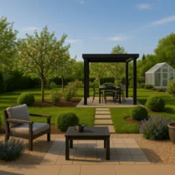 Nowoczesny ogród: pergola z zestawem mebli, szklarnia w tle, trawnik, krzewy i drzewa owocowe. Ustawione płytki chodnikowe i meble ogrodowe.