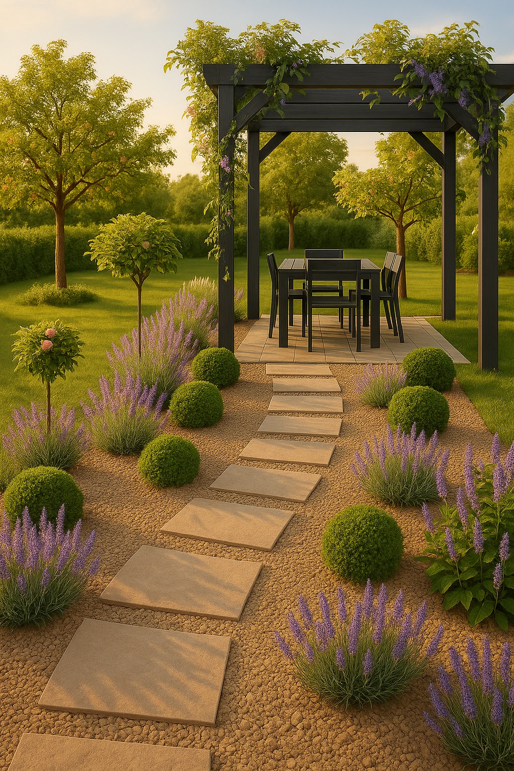 Ogród z ścieżką z płyt, kulistymi krzewami i lawendą prowadzącą do altany z czarnymi meblami ogrodowymi na tle zieleni drzew.