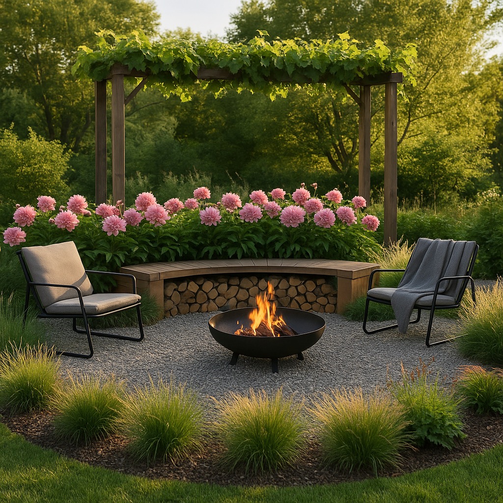 Ogród z paleniskiem otoczonym żwirem i niskimi trawami. W tle drewniana pergola z pnączami, ławka z drewna i różowe kwiaty.