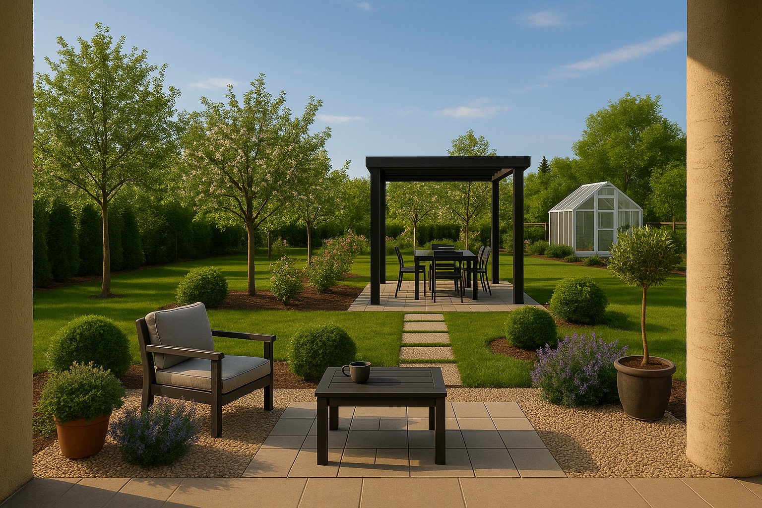 Nowoczesny ogród: pergola z zestawem mebli, szklarnia w tle, trawnik, krzewy i drzewa owocowe. Ustawione płytki chodnikowe i meble ogrodowe.