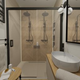 J&R Design - Nowoczesna aranżacja łazienki z kabiną prysznicową typu walk-in, wykończoną w drewnie i czarnych detalach. Umywalka nablatowa i minimalistyczne oświetlenie.