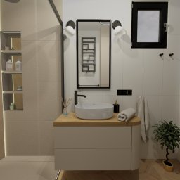 J&R Design - Nowoczesna łazienka z kabiną prysznicową typu walk-in, umywalką nablatową na szafce z drewnianym blatem i lustrem w czarnej ramie. Minimalistyczny design, jasne kolory.