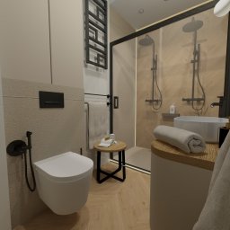 J&R Design - Nowoczesna łazienka z kabiną prysznicową typu walk-in, umywalką nablatową i toaletą w kolorze białym. Czarna armatura i grzejnik drabinkowy dodają elegancji.
