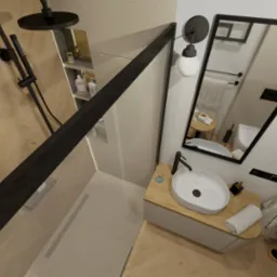 Nowoczesna łazienka z kabiną typu walk-in, drewnianą podłogą w jodełkę, czarną armaturą i lustrem z oświetleniem. Minimalistyczny design, jasne płytki.