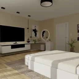 Jasna sypialnia z łóżkiem, toaletką z lustrem i ścianą TV. Dekoracyjne panele ścienne, galeria zdjęć i minimalistyczne oświetlenie.