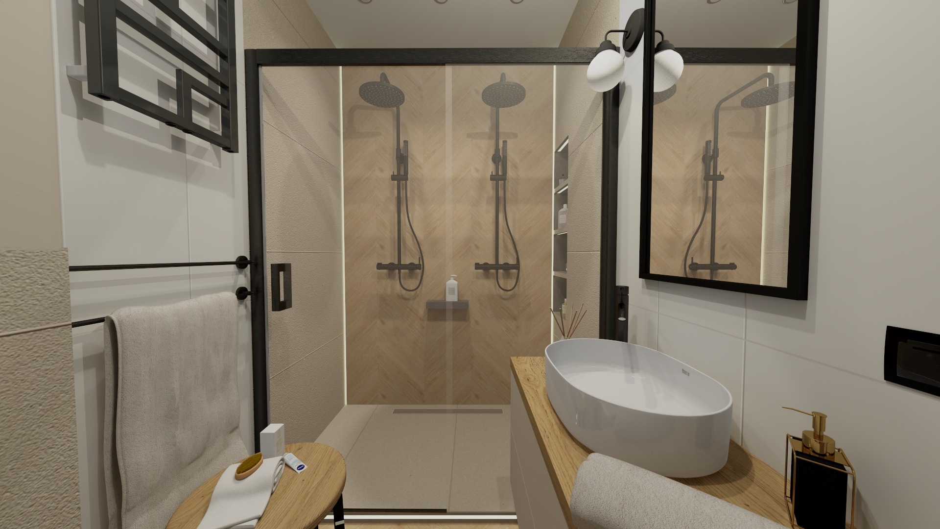 Nowoczesna aranżacja łazienki z kabiną prysznicową typu walk-in, wykończoną w drewnie i czarnych detalach. Umywalka nablatowa i minimalistyczne oświetlenie.