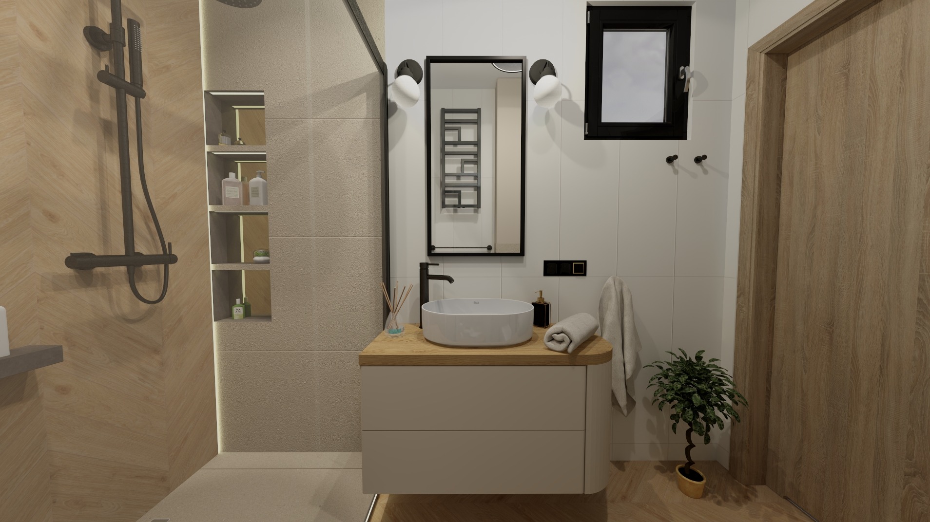 Nowoczesna łazienka z kabiną prysznicową typu walk-in, umywalką nablatową na szafce z drewnianym blatem i lustrem w czarnej ramie. Minimalistyczny design, jasne kolory.
