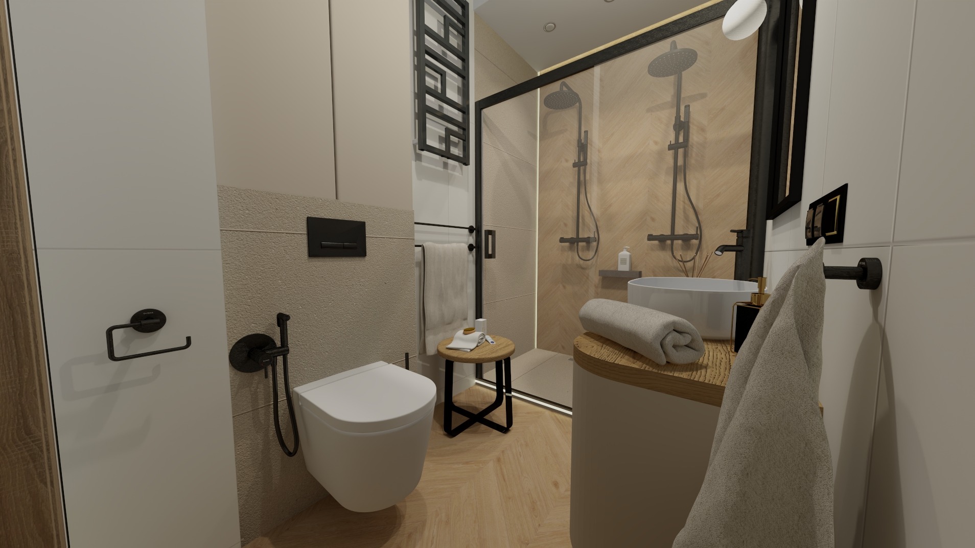 Nowoczesna łazienka z kabiną prysznicową typu walk-in, umywalką nablatową i toaletą w kolorze białym. Czarna armatura i grzejnik drabinkowy dodają elegancji.