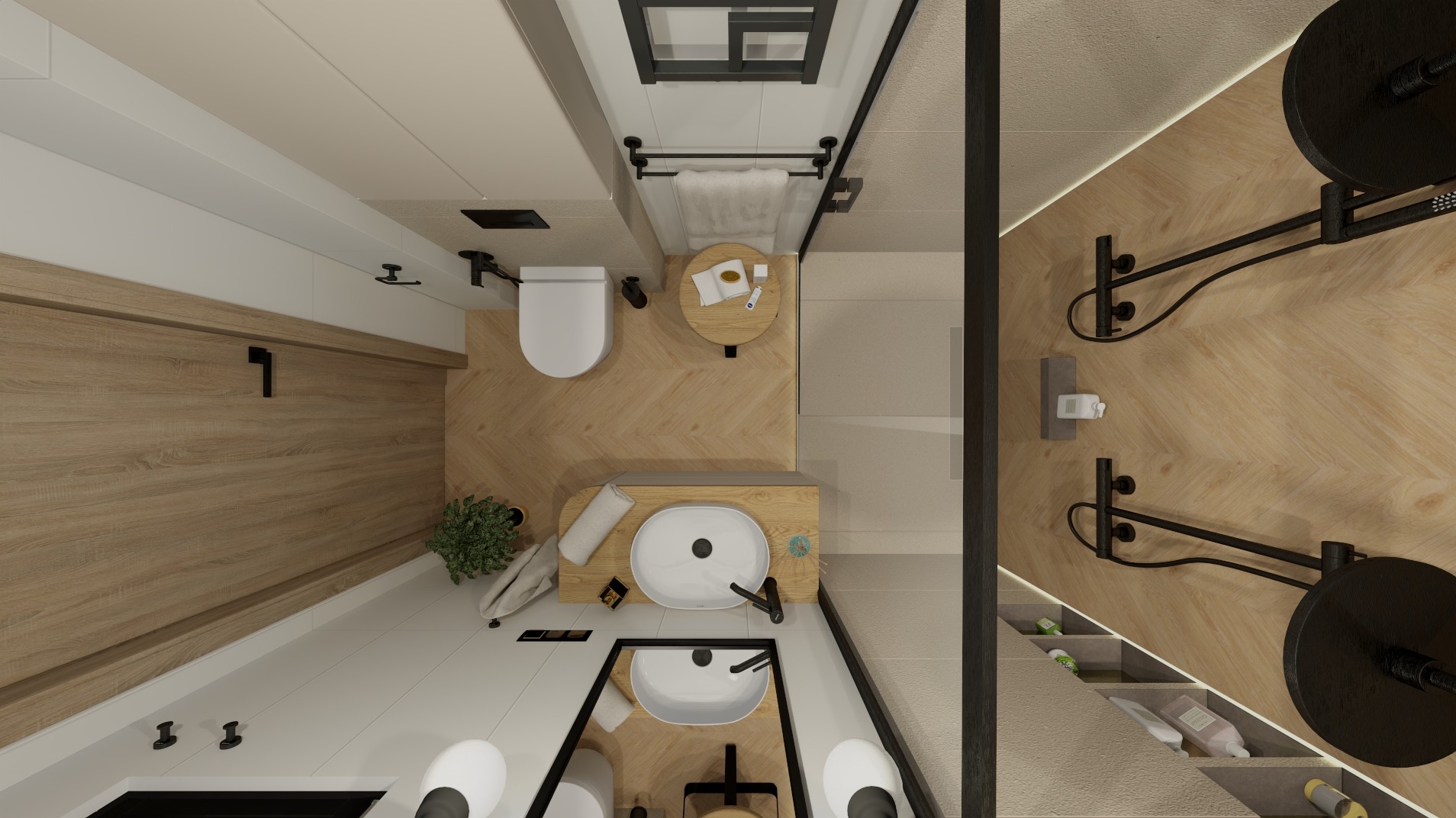 Widok z góry na nowoczesną łazienkę w odcieniach bieli i drewna, z czarnymi akcentami. Umywalka, toaleta i prysznic tworzą spójną całość.